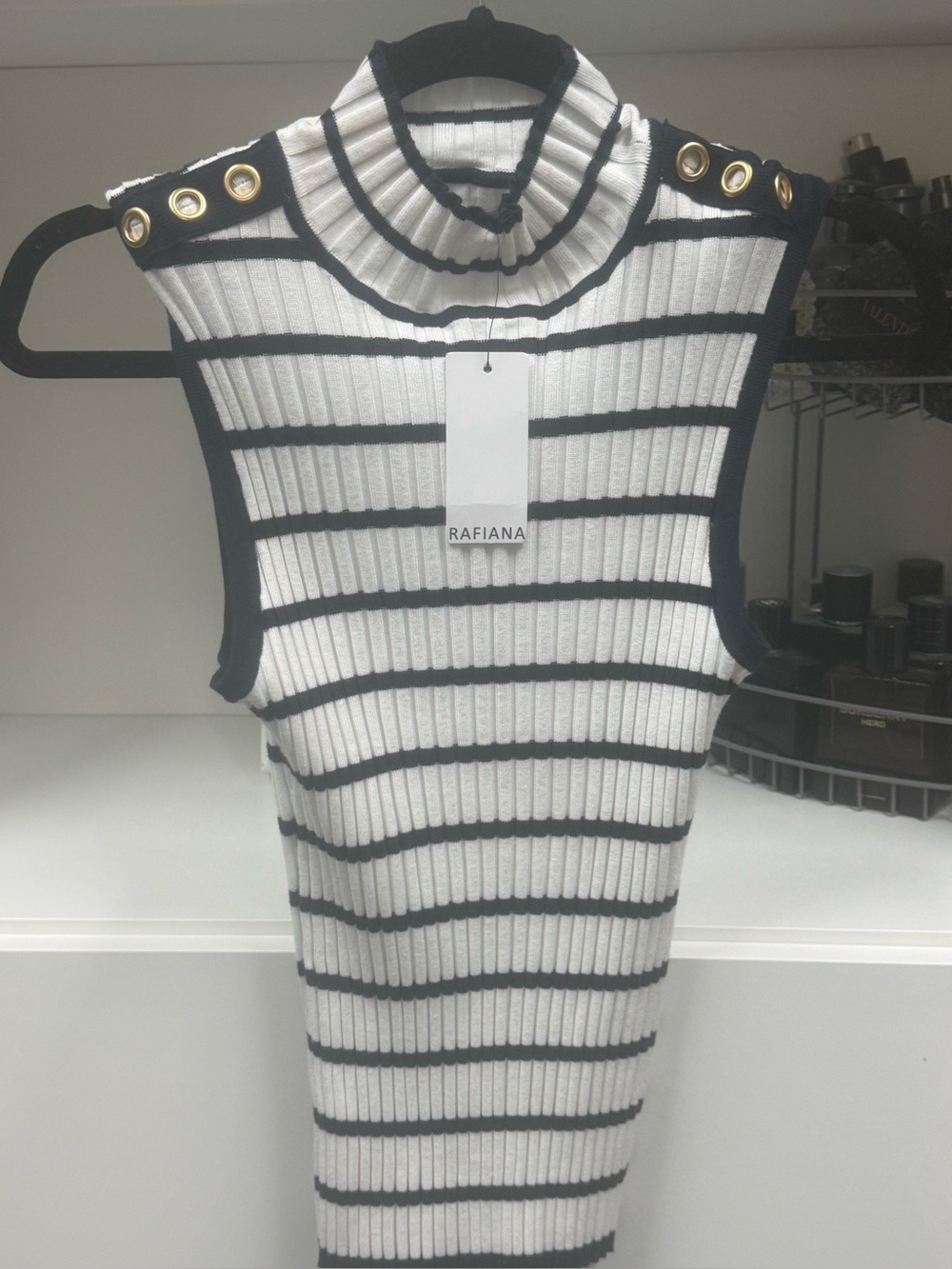 Dolce & Gabbana Cream and Navy Ribbed Striped Sleeveless Top with Ruffle Trim